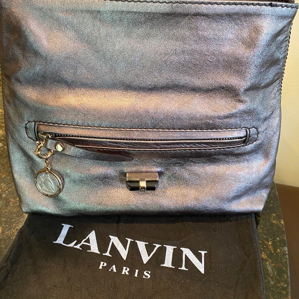 $1025 LANVIN PARIS Convertable Clutch Thick Buttery Leather Metallic Bag